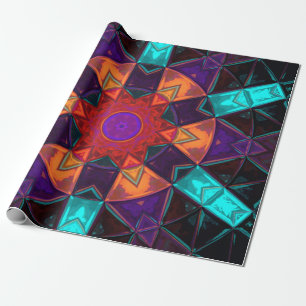 Papier Cadeau Mosaic Kaleidoscope Fleur Rouge Orange et Bleu