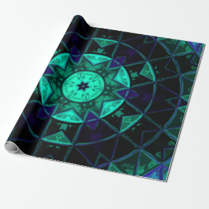 Papier Cadeau Mosaic Kaleidoscope Fleur Turquoise noir et bleu