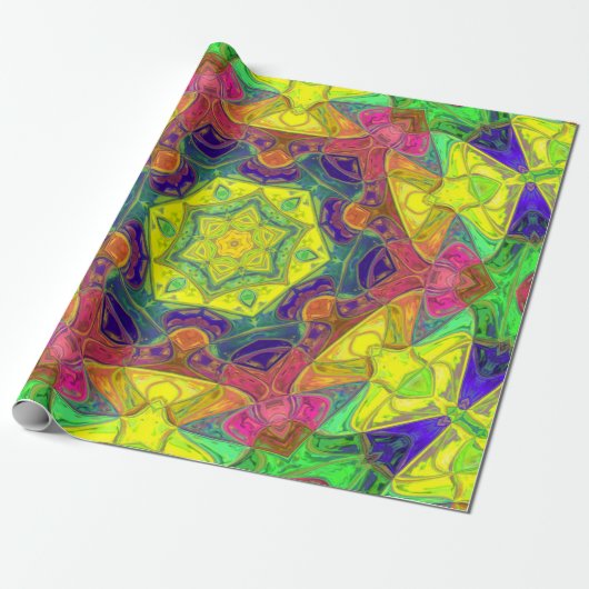 Papier Cadeau Mosaic Mandala Fleur Jaune Bleu et Vert (Déroulé)