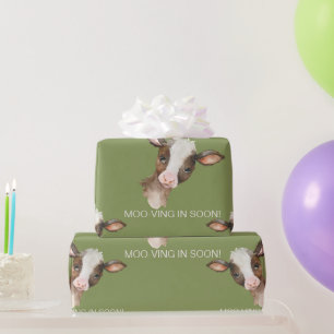 Papier Cadeau Moss Green Cow Moo-ving à Soon! Baby shower