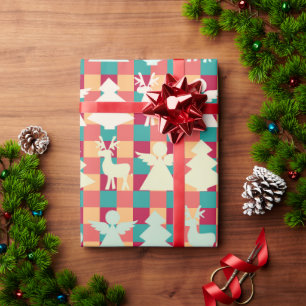 Papier Cadeau Motif à carreaux avec des anges, des rennes et des