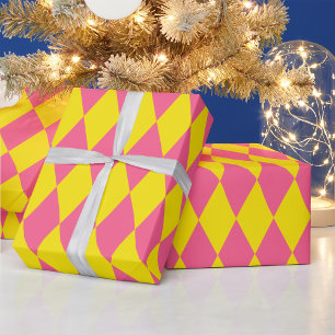 Papier Cadeau Motif à carreaux Harlequin rose et jaune