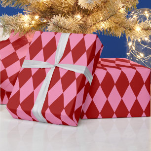 Papier Cadeau Motif à carreaux Harlequin rose rouge 