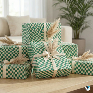 Papier Cadeau Motif à carreaux ondulés vert rétro et crème