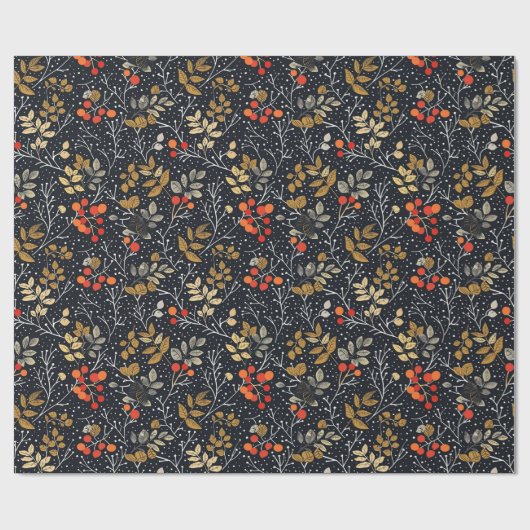 Papier Cadeau Motif à feuilles et à baies complexes sur noir (Plat)
