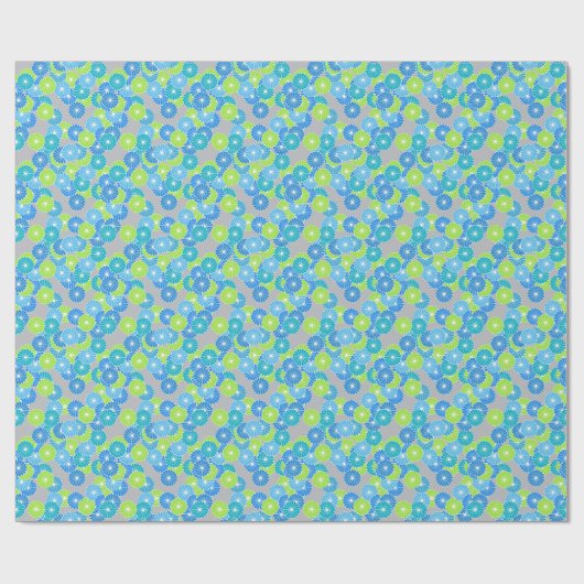 Papier Cadeau Motif à fleurs Art Déco - bleu et vert citron (Plat)