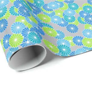 Papier Cadeau Motif à fleurs Art Déco - bleu et vert citron
