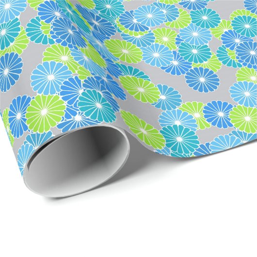 Papier Cadeau Motif à fleurs Art Déco - bleu et vert citron (Coin rond)