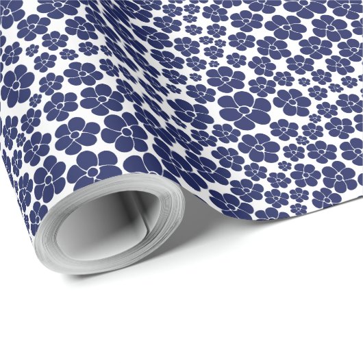 Papier Cadeau Motif à fleurs - Bleu et Blanc (Coin rond)