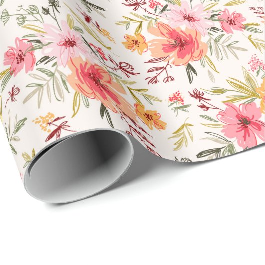 Papier Cadeau Motif à fleurs Orange Doodle Garden (Coin rond)