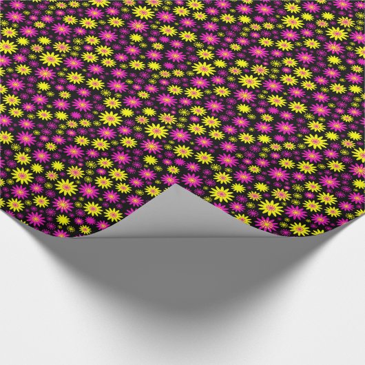 Papier Cadeau Motif à fleurs - Rose chaud, Jaune et Noir (Coin)