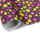 Papier Cadeau Motif à fleurs - Rose chaud, Jaune et Noir (Coin rond)