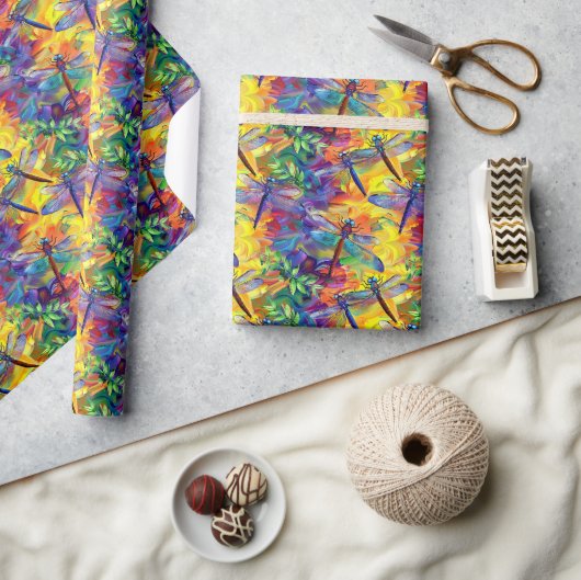 Papier Cadeau Motif à libellules lunaires avec fond vibre (Artisanat)