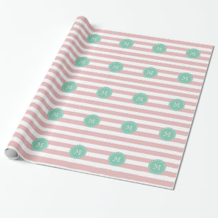 Papier Cadeau Motif à rayures blanches roses, Monogramme vert m