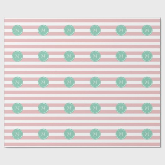 Papier Cadeau Motif à rayures blanches roses, Monogramme vert me (Plat)