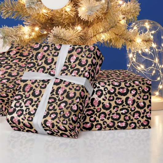 Papier Cadeau Motif à taches de léopard pailleté rose et or (Vacances)