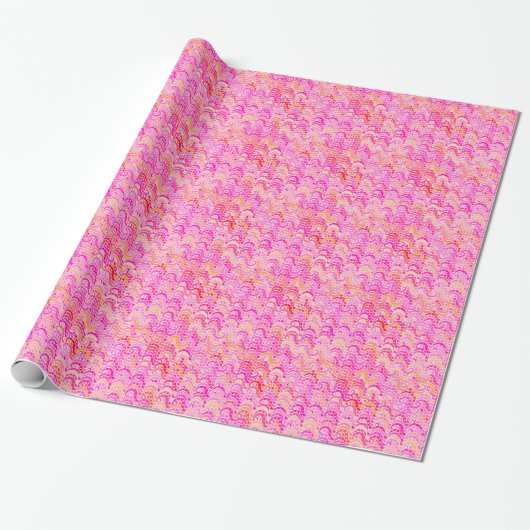Papier Cadeau motif à vague Abstraite - rose, orange et fuchsia (Déroulé)