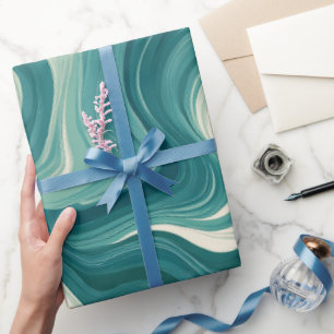 Papier Cadeau Motif Abstrait Blanc Mouvement Aqua Sarcelle