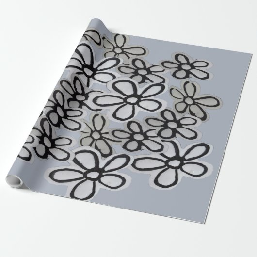 Papier Cadeau motif Abstrait de marguerites noires et blanches (Déroulé)