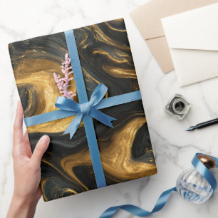 Papier Cadeau Motif Abstrait de Mouvement Fluide Or Marine de Lu