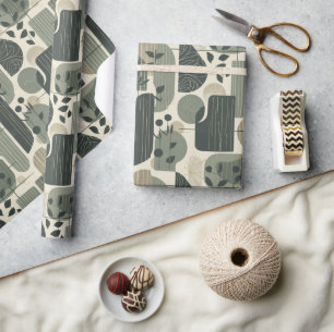 Papier Cadeau Motif Abstrait Moderne du Milieu du Siècle Vert Sa