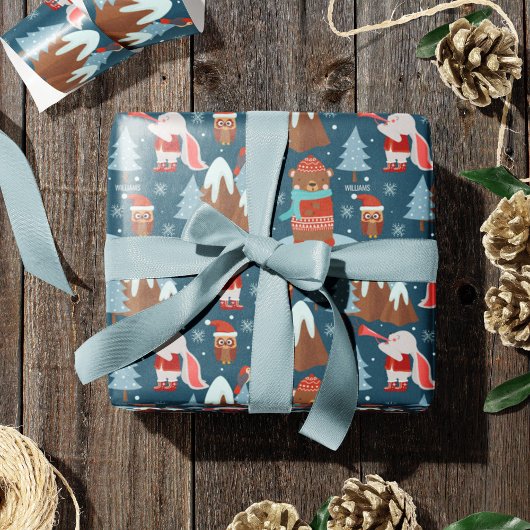 Papier Cadeau Motif animal mignon avec nom Noël bleu