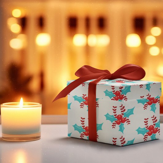 Papier Cadeau Motif Aqua et Red Holiday Berries