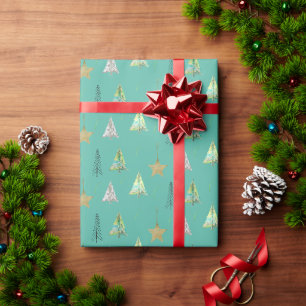 Papier Cadeau Motif aquarelle d'arbre de Noël turquoise