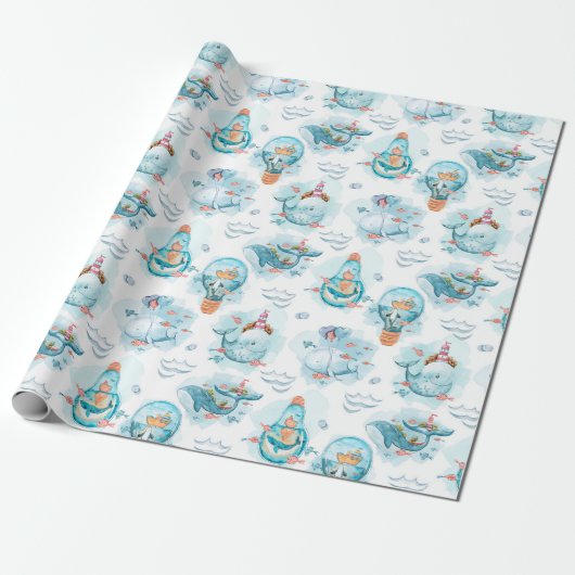 Papier Cadeau Motif aquarelle de baleines nautiques mignonnes (Déroulé)