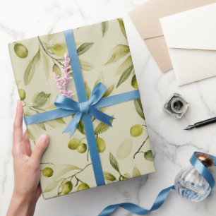 Papier Cadeau Motif aquarelle de branche d'olive beige olive dou