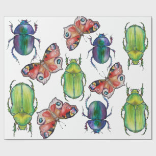 Papier Cadeau Motif aquarelle de coléoptères et papillons