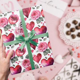 Papier Cadeau Motif aquarelle de rose rose rouge romantique et d