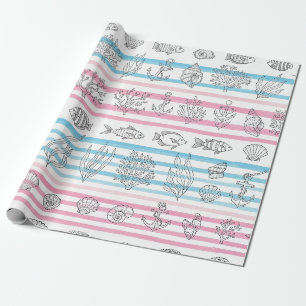 Papier Cadeau Motif aquarelle nautique rétro (12)