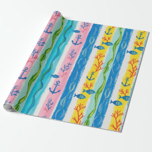 Papier Cadeau Motif aquarelle nautique rétro (4)