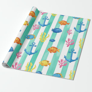 Papier Cadeau Motif aquarelle nautique rétro (9)
