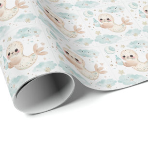 Papier Cadeau Motif aquarelle pastel de bébé phoqué mignon 