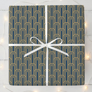 Papier Cadeau Motif Art Déco Élégant Arches Navy Or Chic