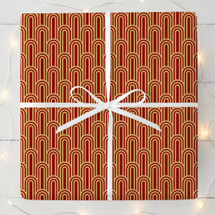 Papier Cadeau Motif Art Déco Élégant Arches Rouge Or Chic