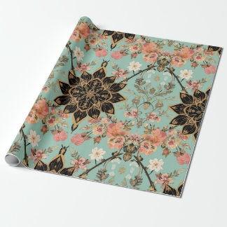 Papier Cadeau Motif art déco flore vert sauge et rose