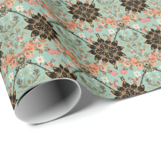 Papier Cadeau Motif art déco flore vert sauge et rose