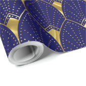 Papier Cadeau Motif Art Déco Or Brillant Sur Bleu Foncé (Coin rond)