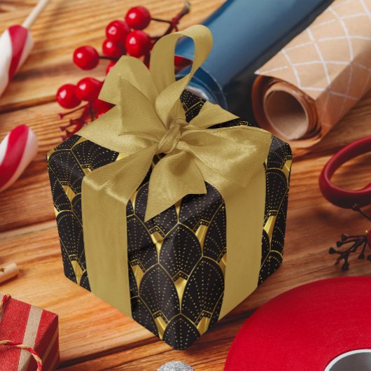 Papier Cadeau Motif Art déco Or brillant sur noir