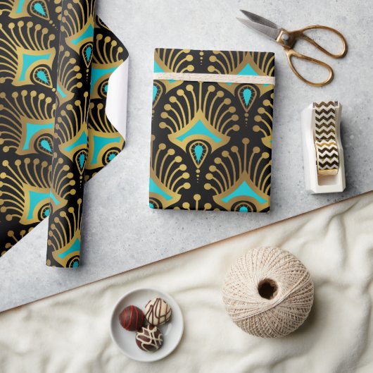 Papier Cadeau Motif Art déco or et bleu sur noir (Artisanat)