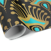 Papier Cadeau Motif Art déco or et bleu sur noir (Coin rond)