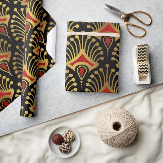 Papier Cadeau Motif Art déco or et rouge sur noir (Artisanat)