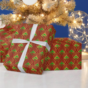 Papier Cadeau Motif Art Déco or et vert sur fond rouge