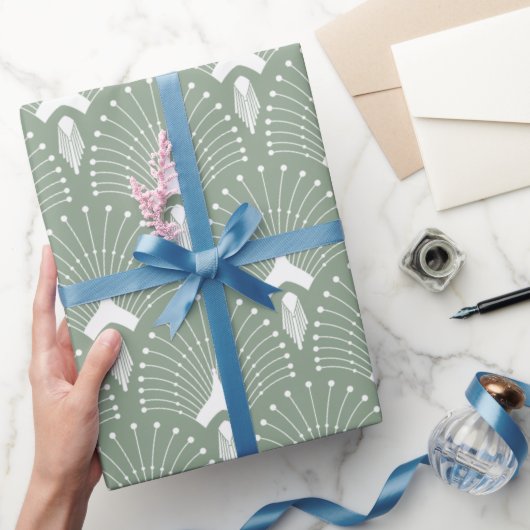 Papier Cadeau Motif art déco vert et blanc Sage (Cadeaux)