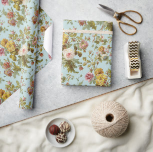 Papier Cadeau Motif artistique de fleurs de rose rose vintage ch