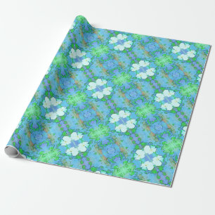 Papier Cadeau Motif artistique de la Gardenia Fleur Bleu Vert Bl