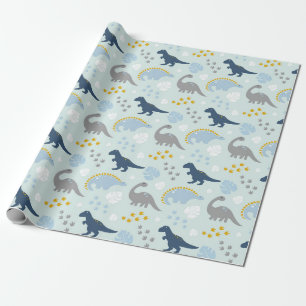 Papier Cadeau Motif Baby shower Blue Cute Dinosaur